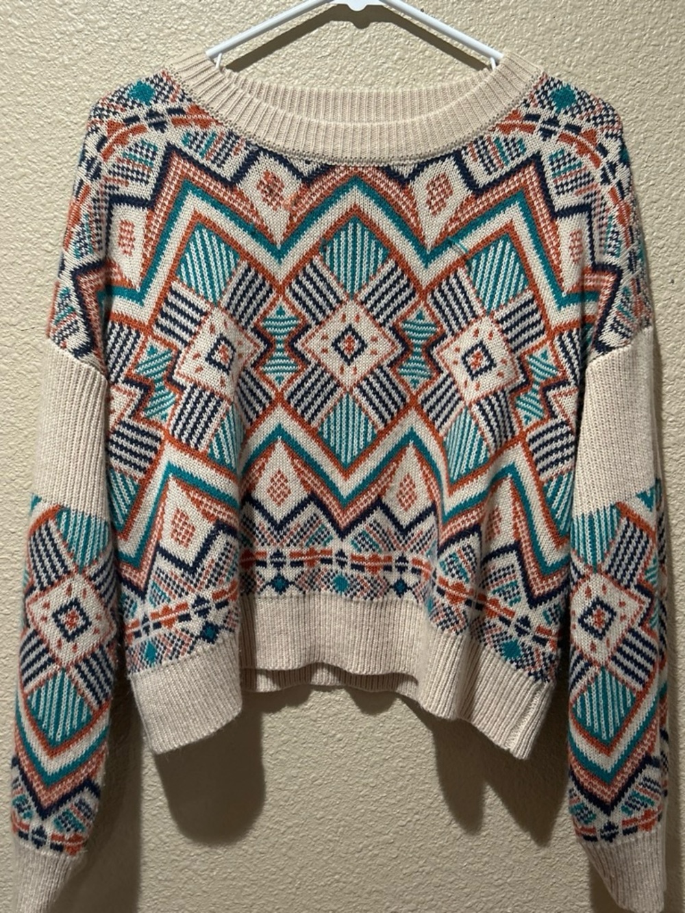 Cream Geometric Crewneck Sweater with Teal & Rust Accents